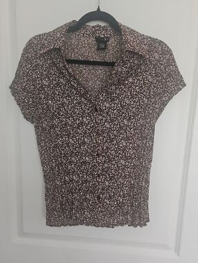 Alfani Brown and White Floral Cap-Sleeve Button-Down Top